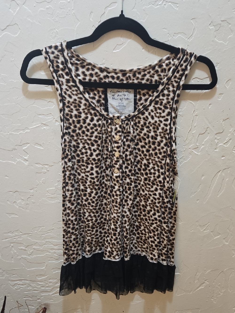 Kensie Leopard Print Tank Top with Black Lace Hem